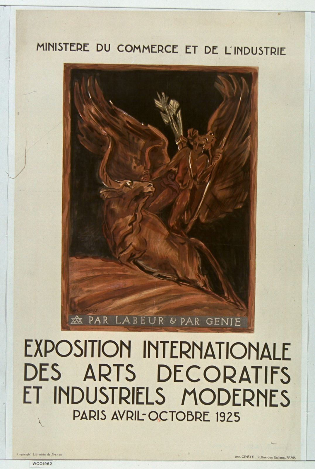 A bronze-toned relief of a bull and a winged figure with a bow, above lettering announcing the 1925 Paris exposition.