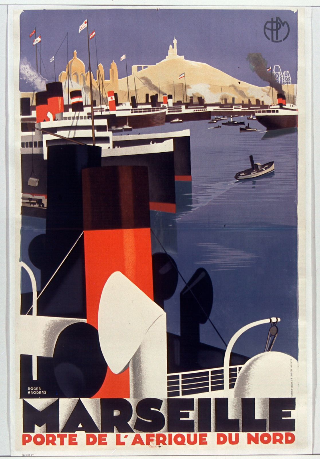 A towering red-and-black ship's funnel in the foreground, with liners and the hilltop basilica of Marseille behind, above the word MARSEILLE.