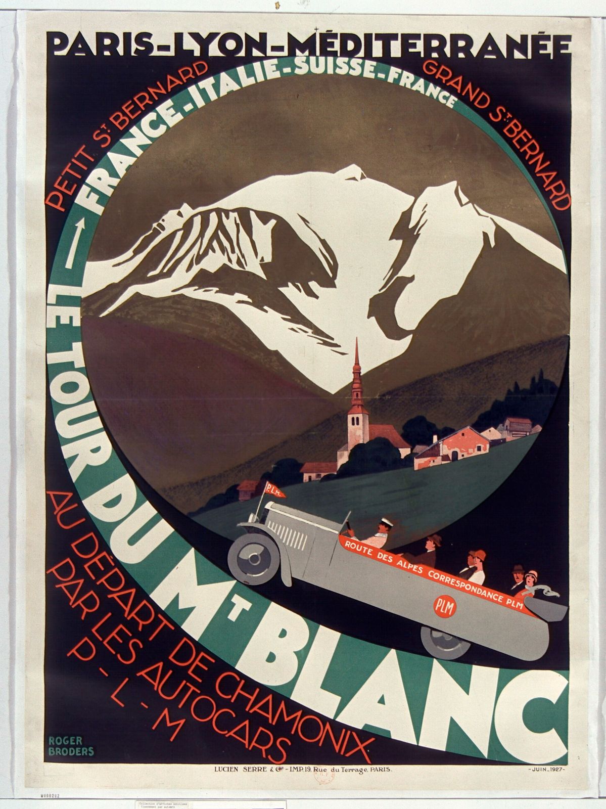 A snowy peak and an alpine village inside a ring of road, where a touring coach drives, framed by the words Le Tour du Mont Blanc.