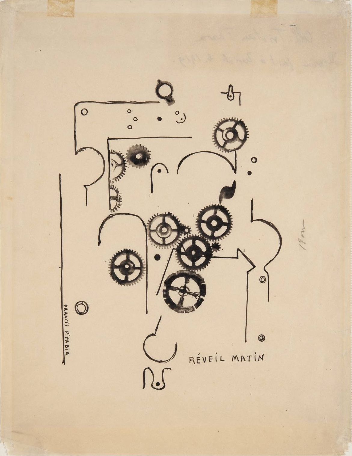 Clock gears, springs and parts printed in black ink on a sheet of paper, labeled Réveil matin.