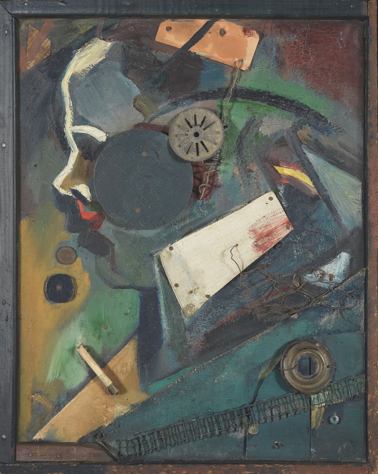 A collage of paint and found objects, including a wheel, a keyhole plate and strips of wood, with a white line tracing a face in profile.