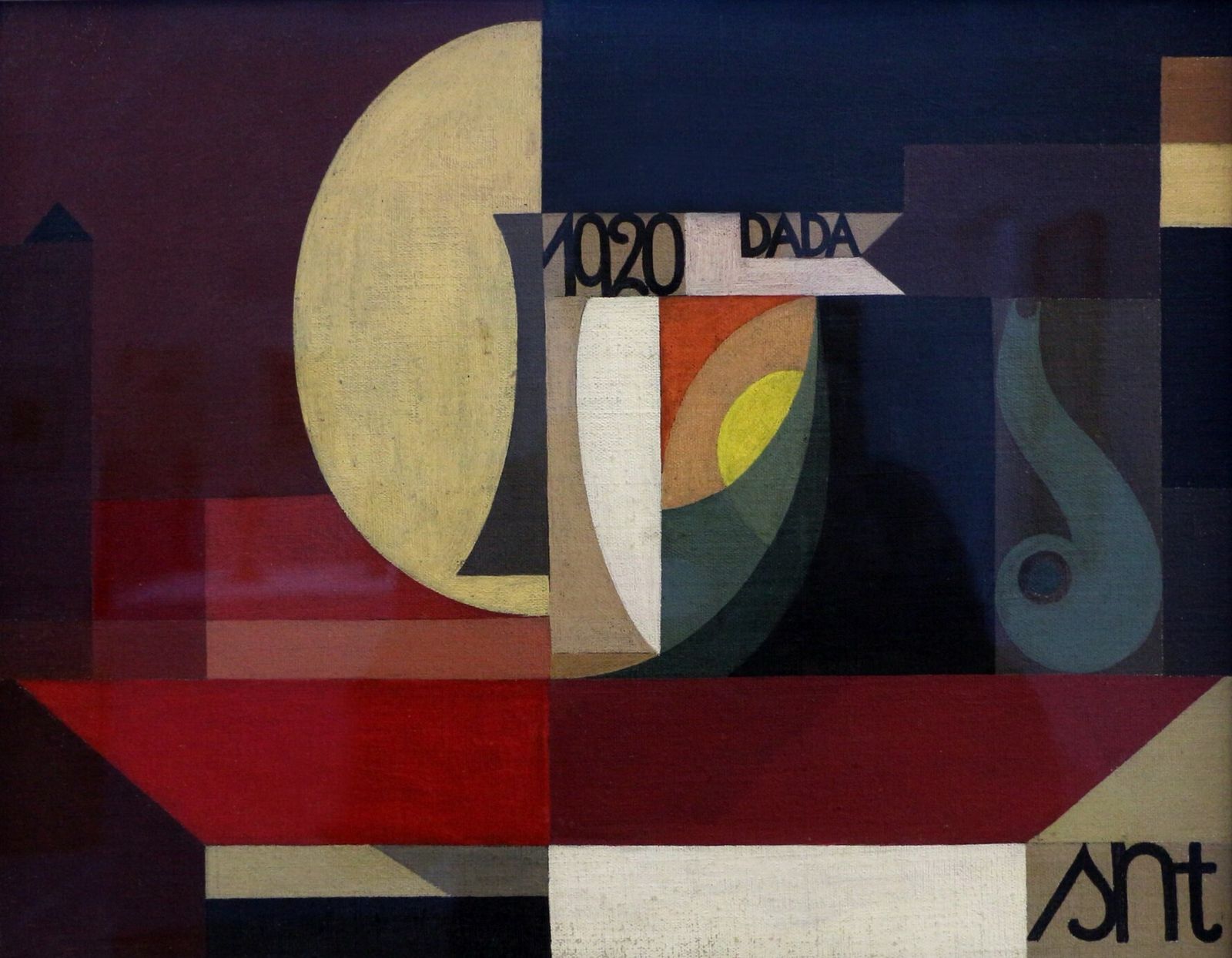 Overlapping geometric planes in plum, navy, red and cream, with a pale crescent, a spiral and the words 1920 DADA.