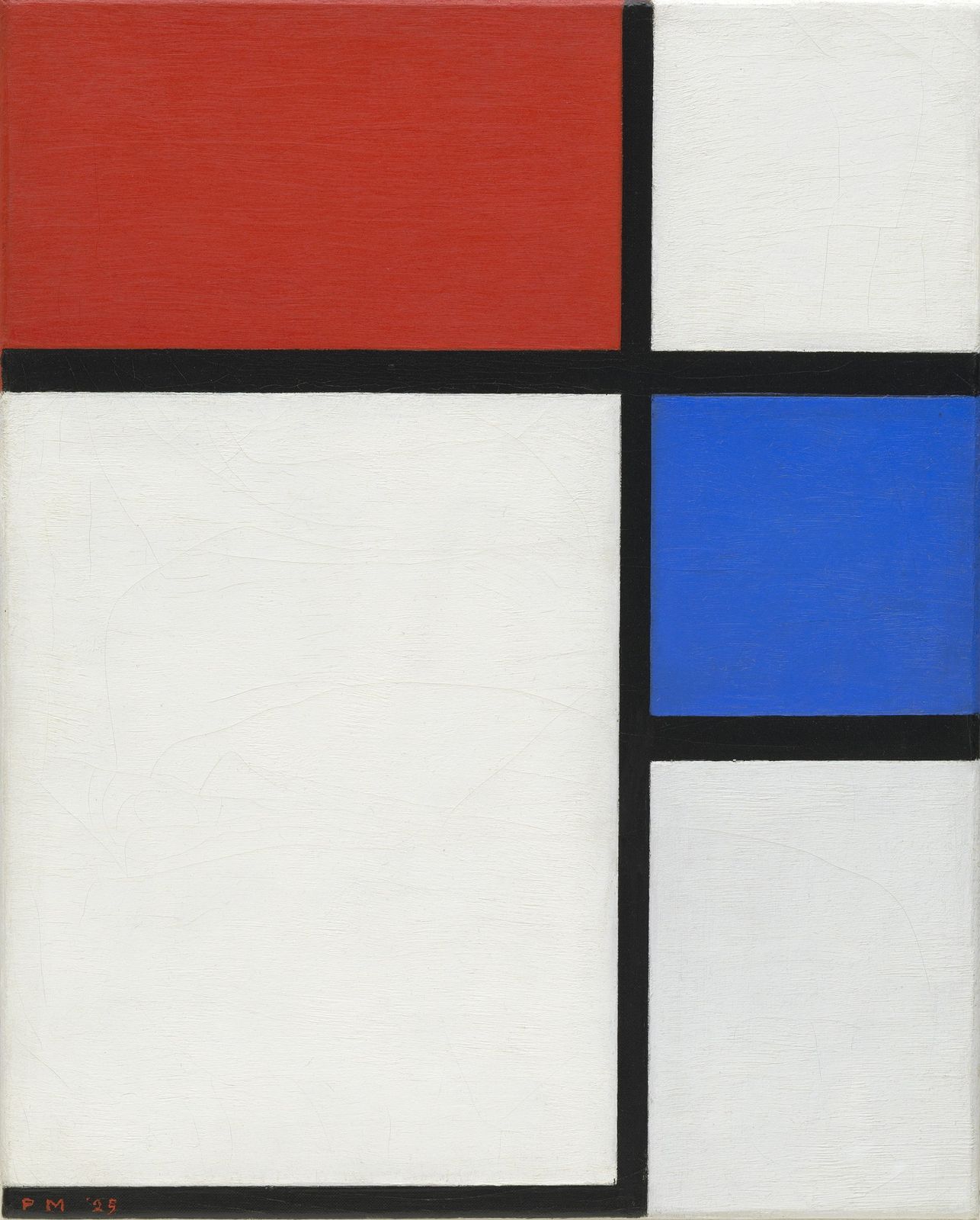 A mostly white canvas divided by black lines, with a red rectangle at top left and a small blue one at the right.