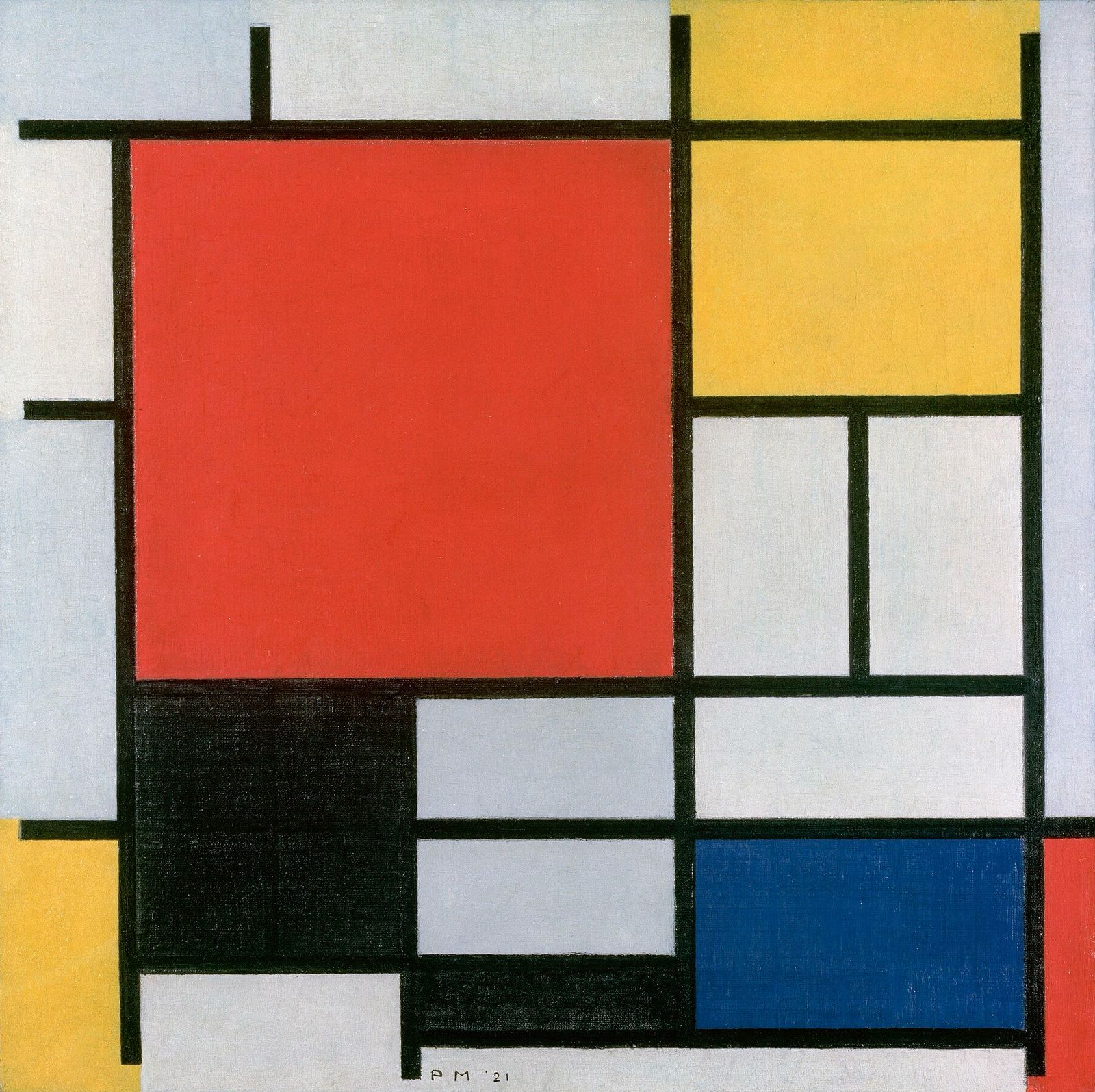 A large red square dominates a grid of black lines, with yellow, blue, grey and white rectangles around it.