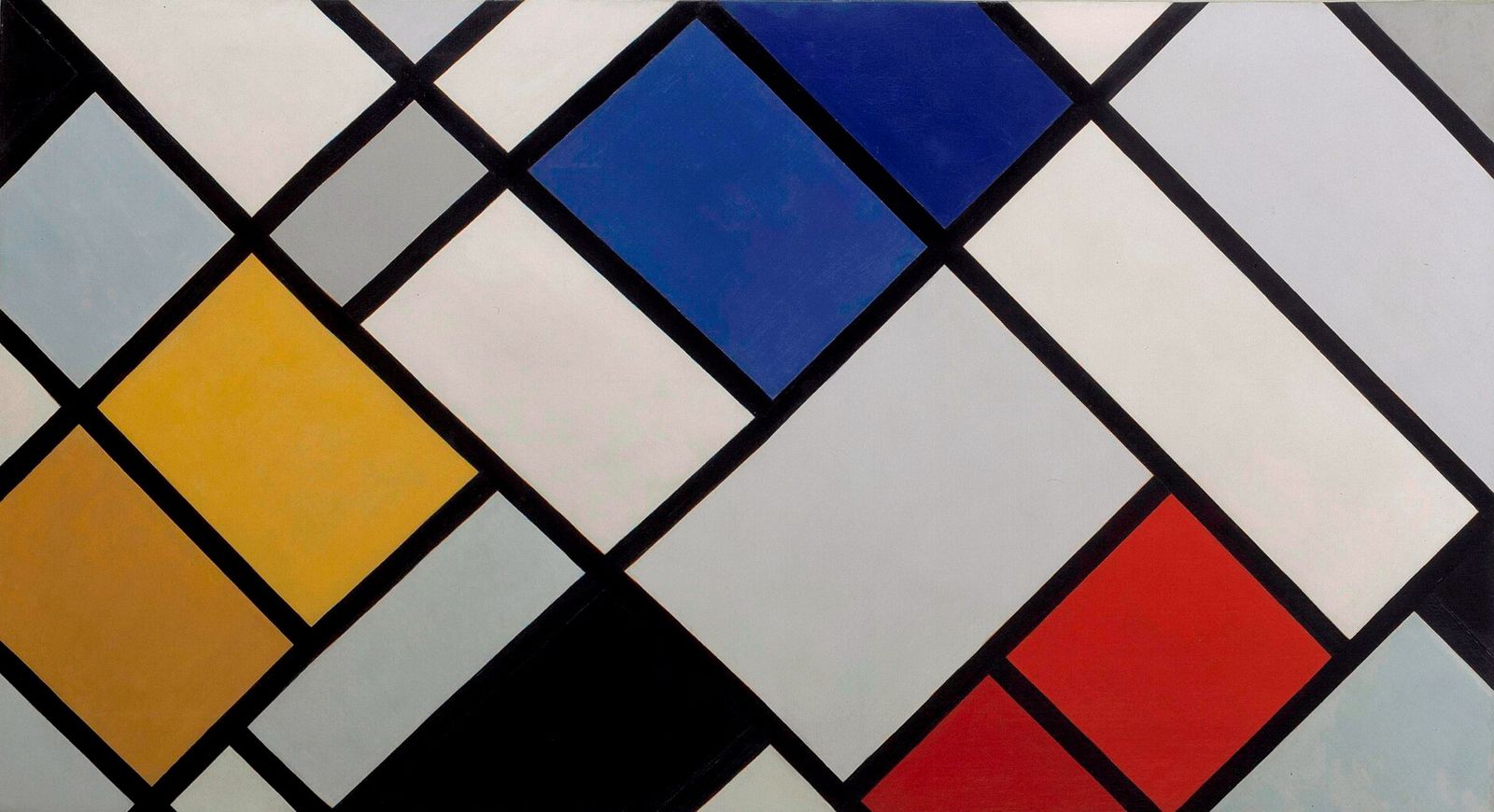 A grid of black lines tilted forty-five degrees, enclosing blue, yellow, red, grey, white and black diamonds.
