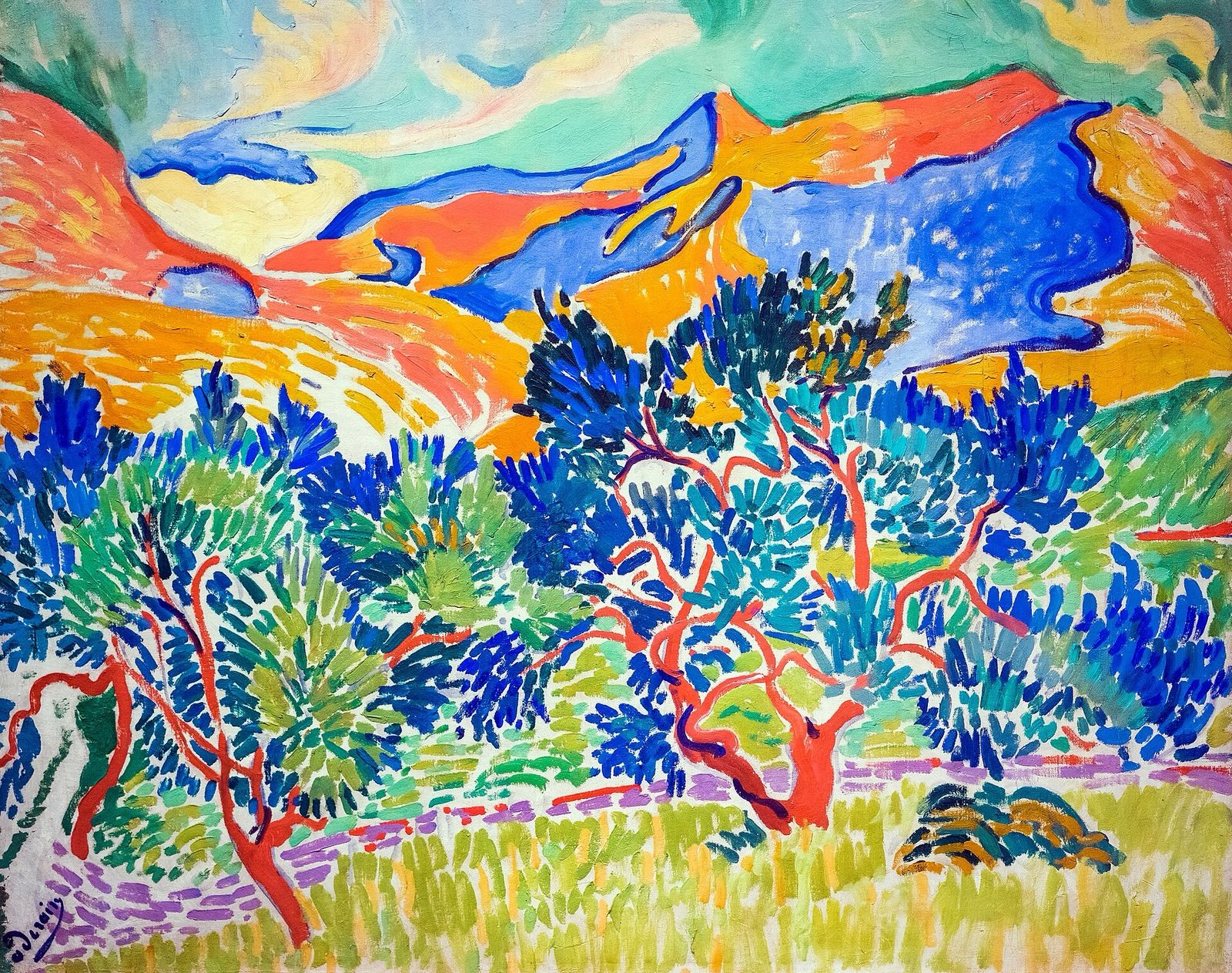 Olive trees with red trunks and blue-green leaves on a hillside below orange and blue mountains, painted in short, bright strokes.