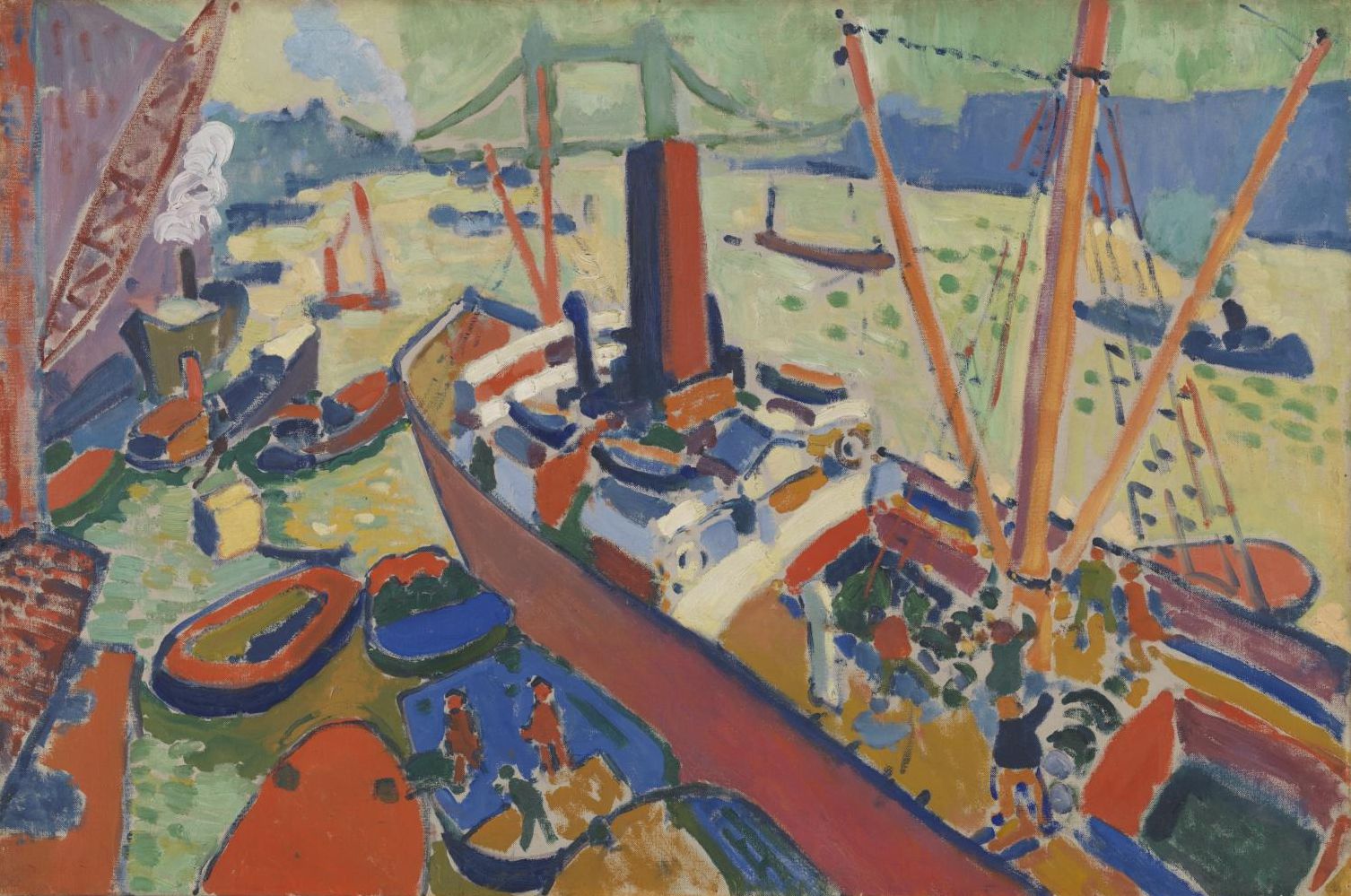 Steamships and barges crowd the Thames below a distant bridge, painted in bright blues, greens, reds and yellows.