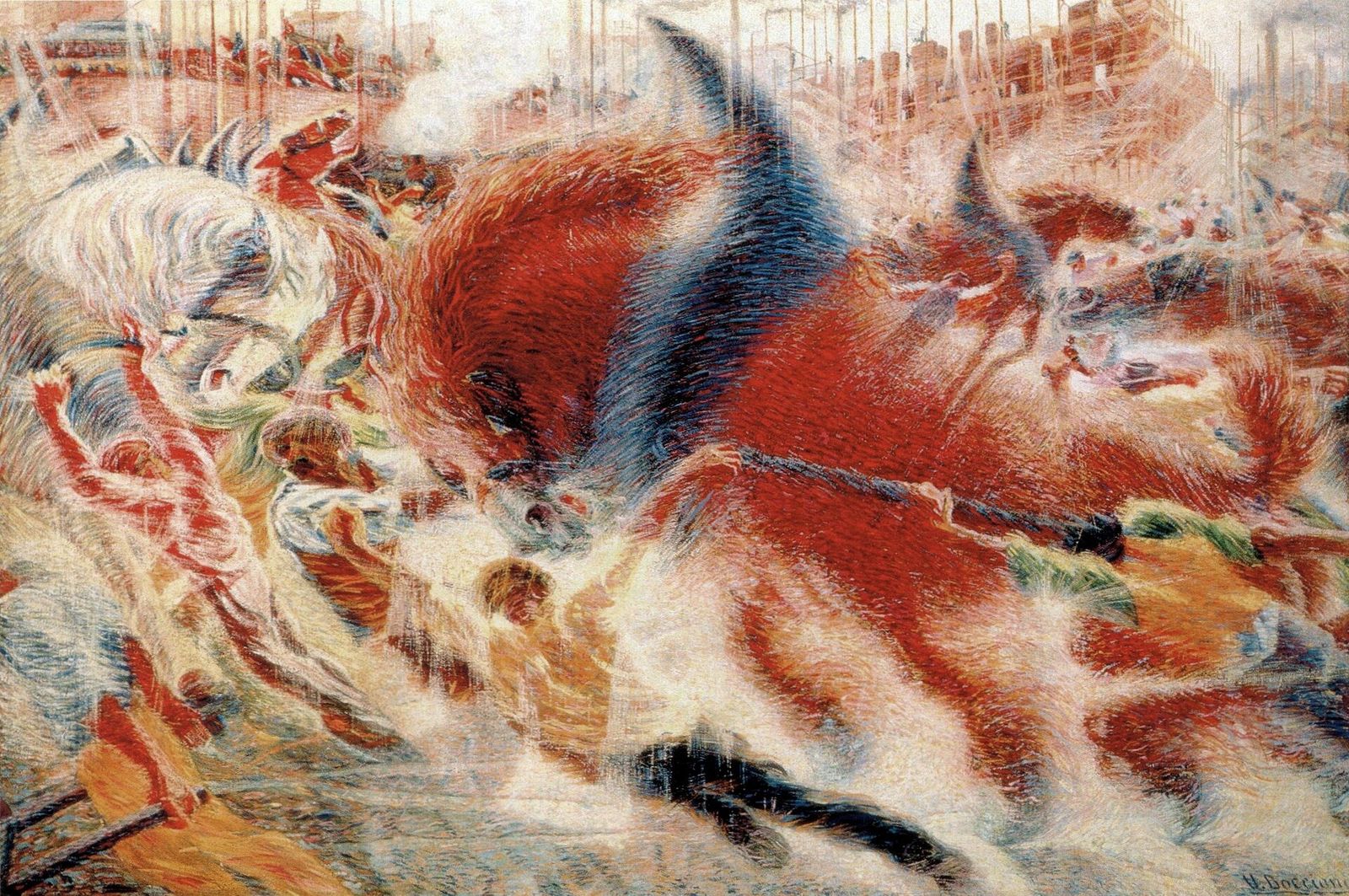 A huge red horse surges through a blur of straining workers and scaffolding, the scene dissolving into streaks of red, orange and blue.