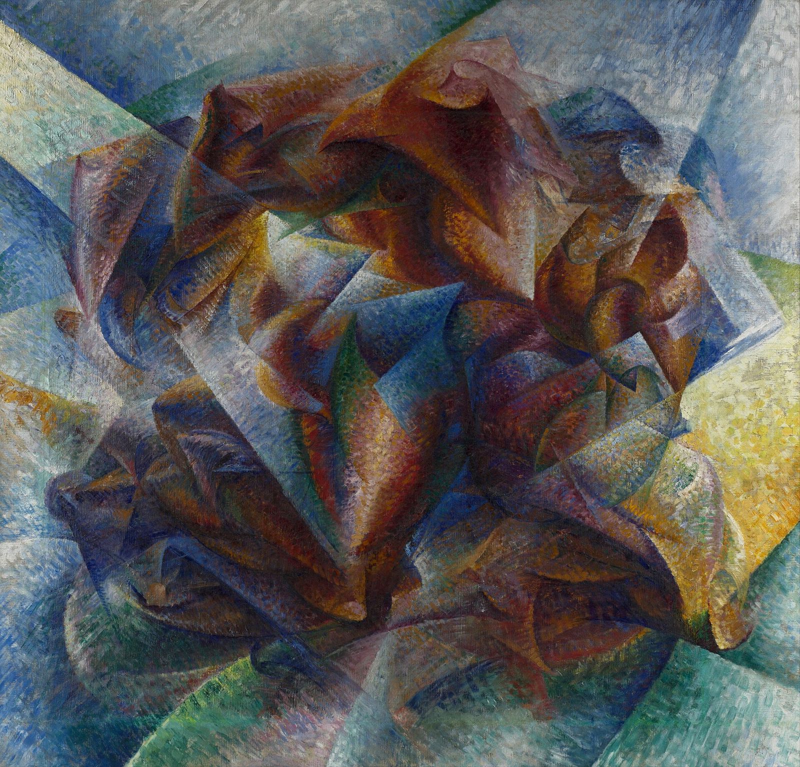 A footballer's body broken into overlapping curved planes of brown, blue and green that swirl out from the center.