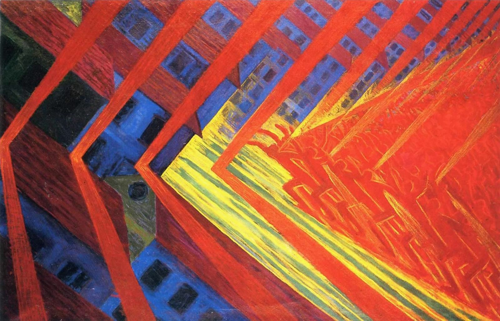 Chevron bands of red and yellow drive diagonally through rows of tilted blue and red houses.