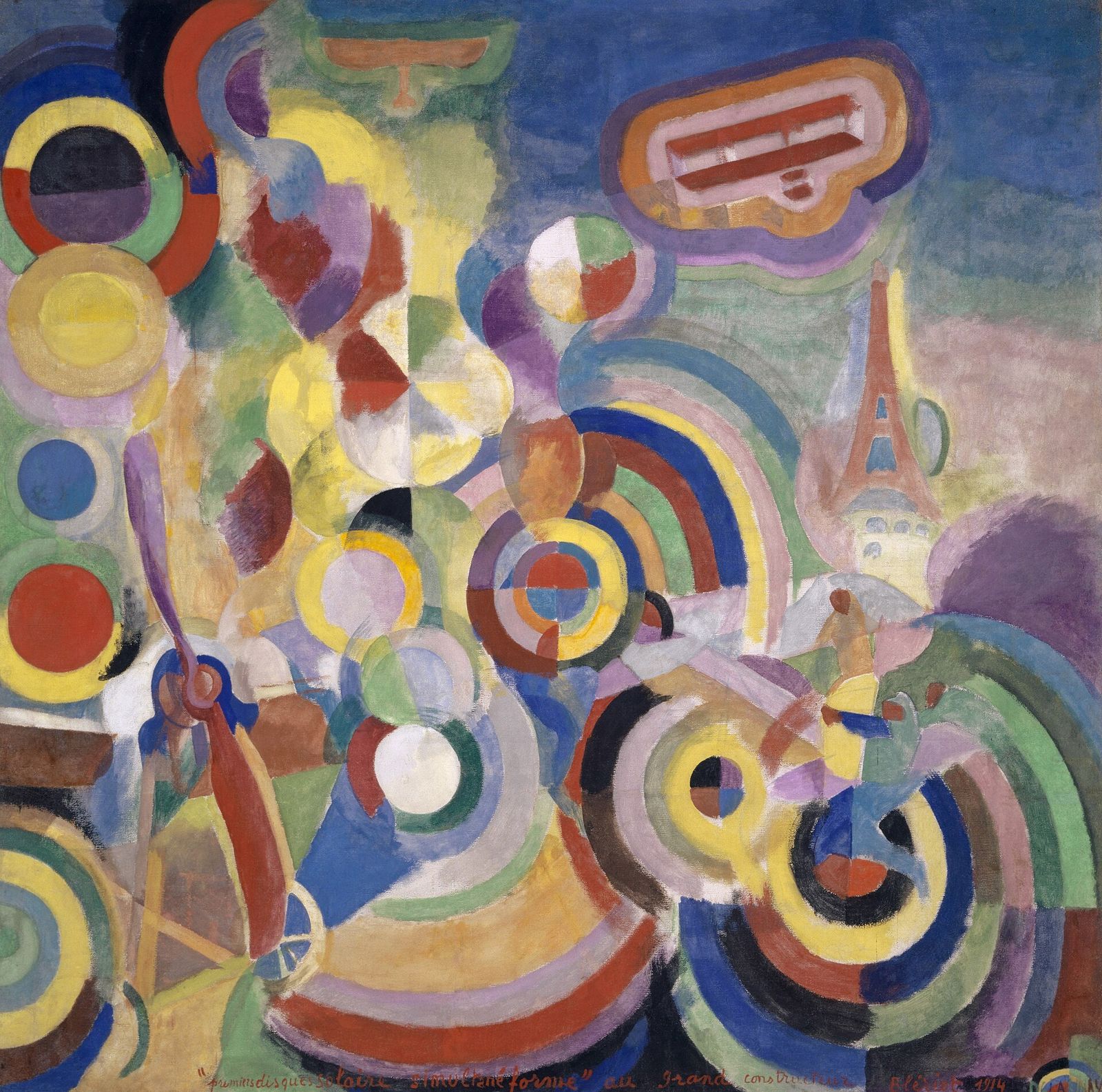 Overlapping rings and disks of bright color fill the canvas, with a propeller, a small biplane and the Eiffel Tower among them.