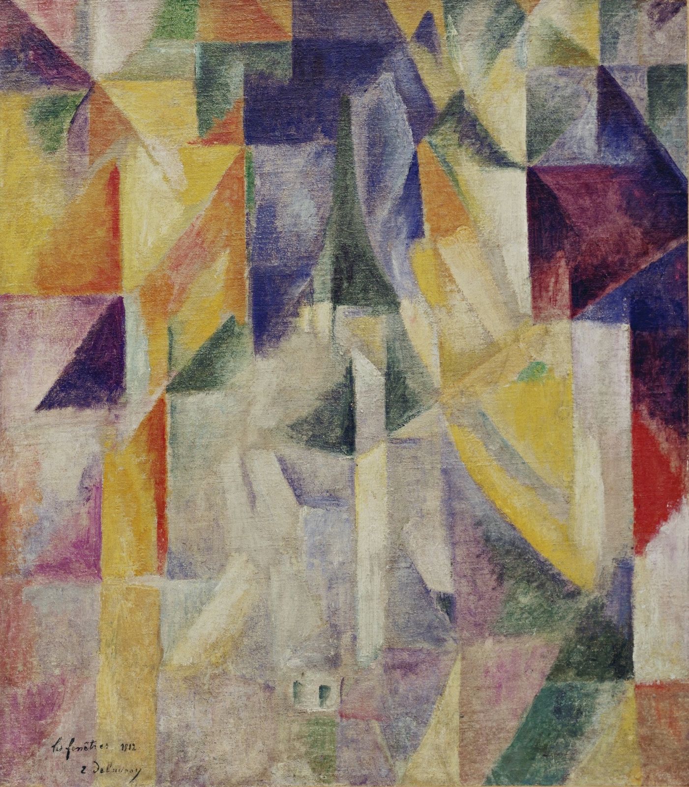 Translucent triangles and planes of yellow, violet, green and grey, with the faint green outline of the Eiffel Tower at the center.