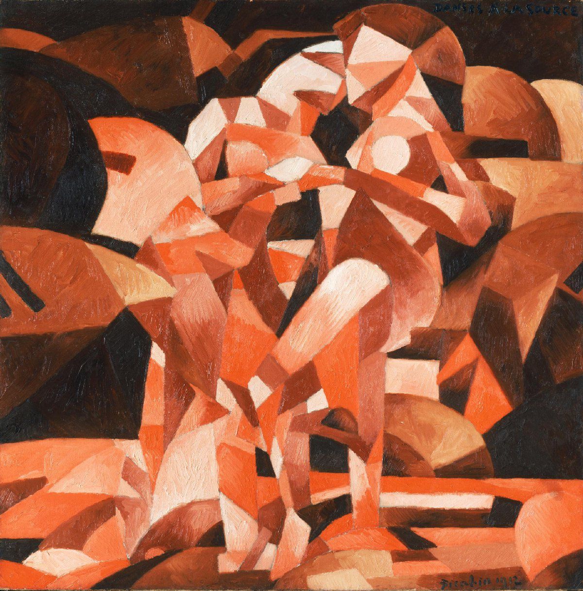 Interlocking angular planes in pinks, oranges and browns suggest two figures dancing.