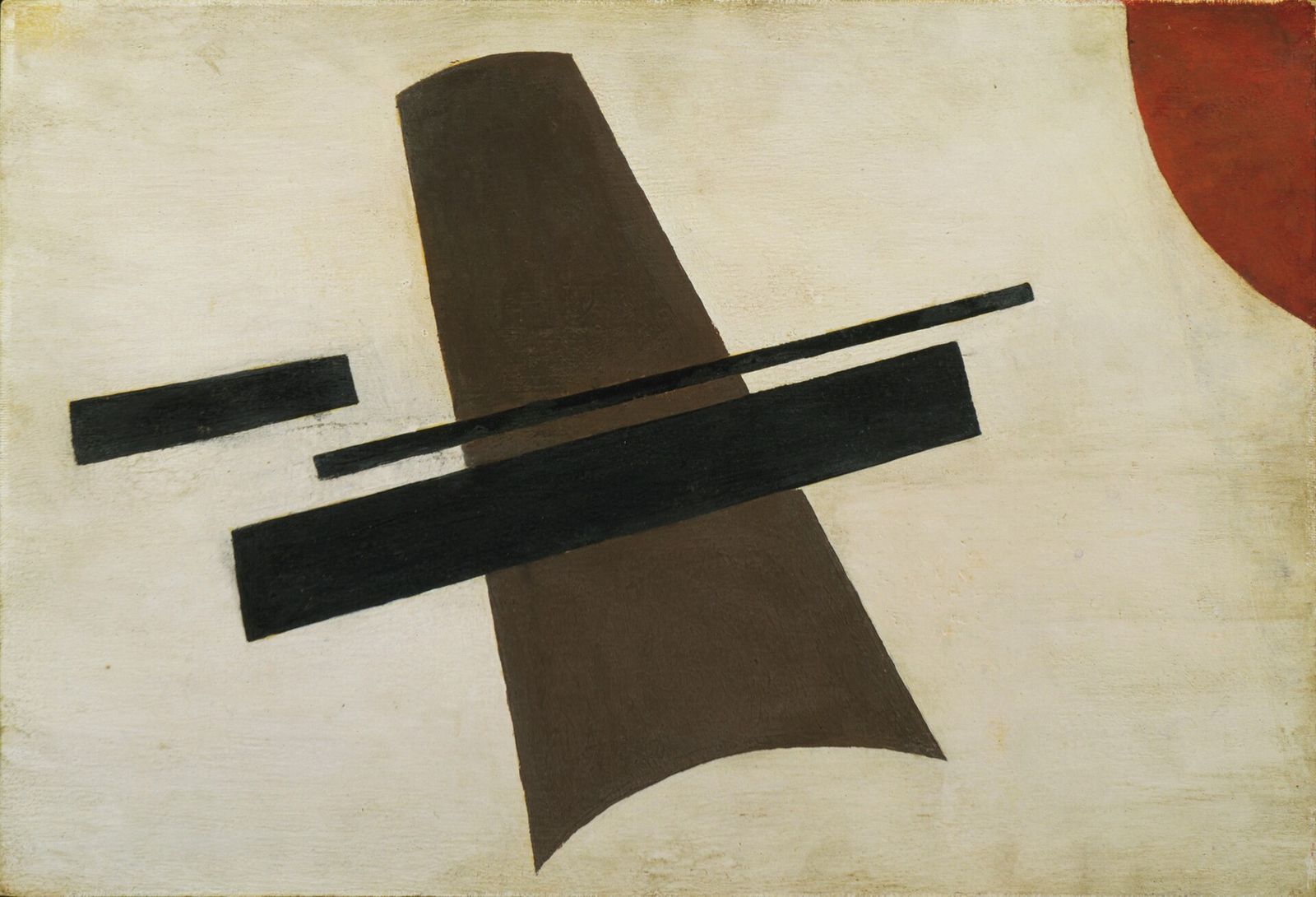 A dark brown trapezoid crossed by black bars on an off-white ground, with a red arc in the top corner.