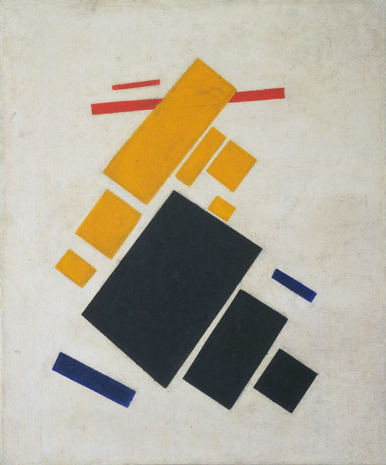 Black, yellow and red rectangles of different sizes tilt diagonally across a white ground, like aircraft in formation.